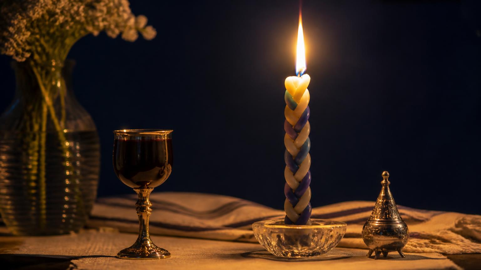 Vela trançada acesa ao lado de uma taça e de um recipiente de especiarias, sobre fundo azul-noturno com luz dourada