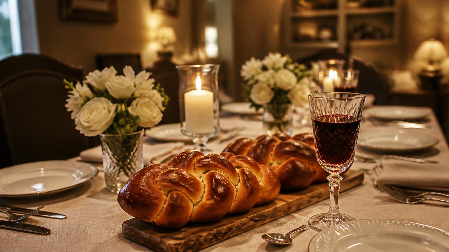 Mesa familiar com duas chalot trançadas, taça com suco de uva, louças elegantes e velas acesas ao fundo