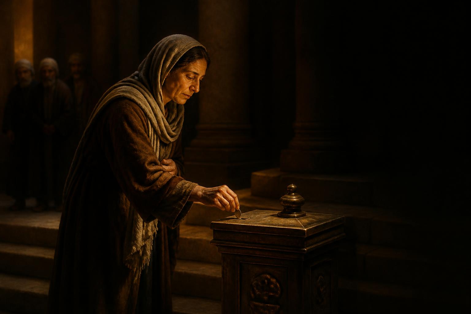 Mulher humilde depositando discretamente duas pequenas moedas em uma antiga caixa de ofertas junto ao Templo