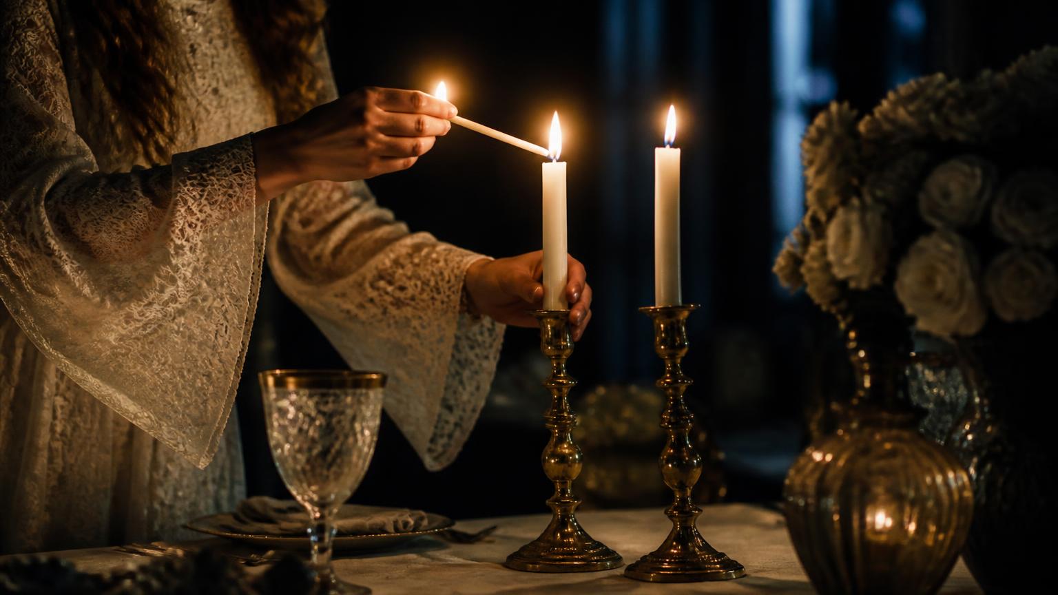 Mãos femininas acendendo duas velas brancas em castiçais dourados, com luz quente iluminando suavemente o ambiente